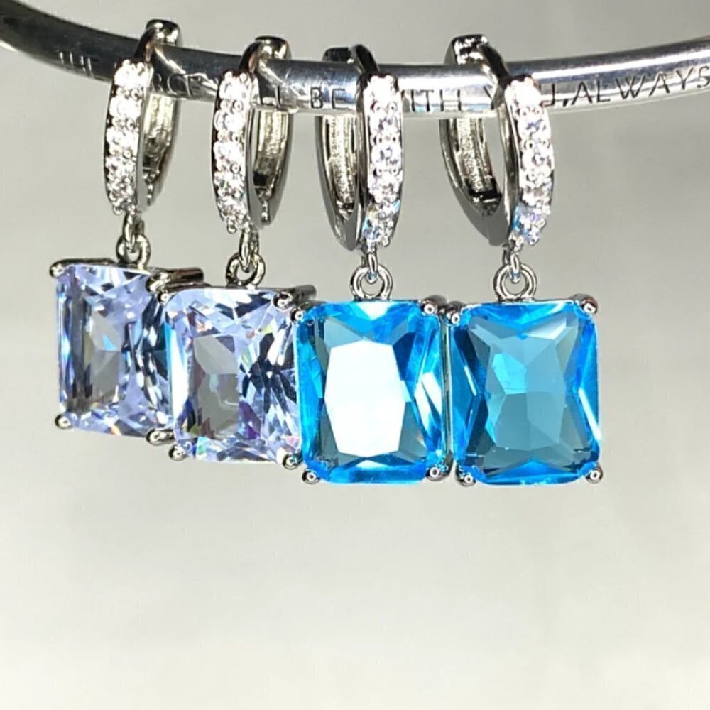Rectangular Cubic Zirconias Dangle Drop Silver Plated Earrings